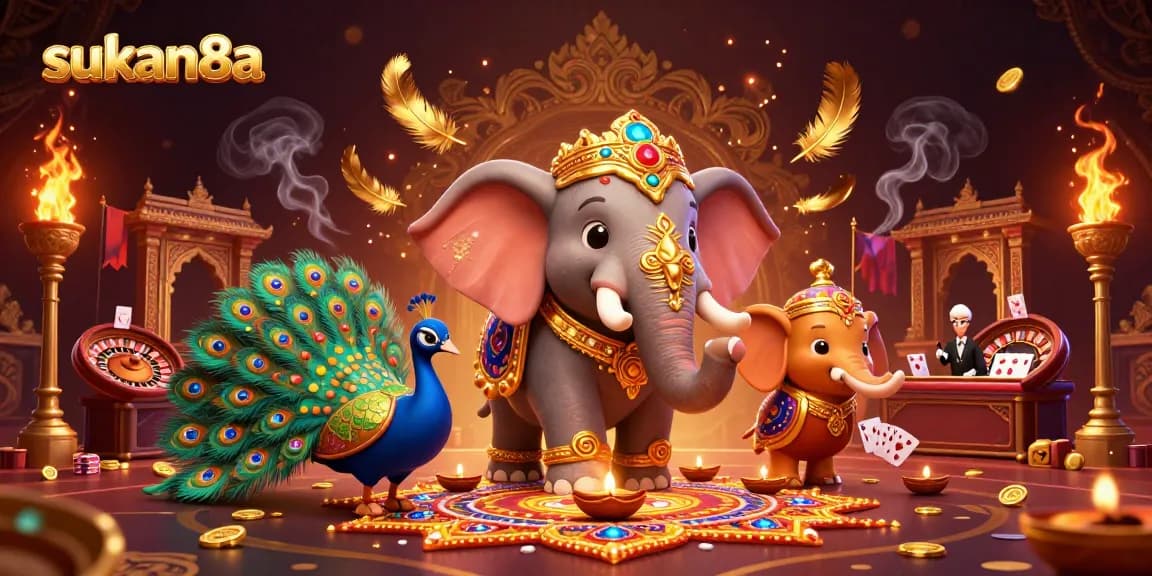 Experience thrilling sukan8a live casino action with a vibrant 3D illustration of an elephant and peacock.