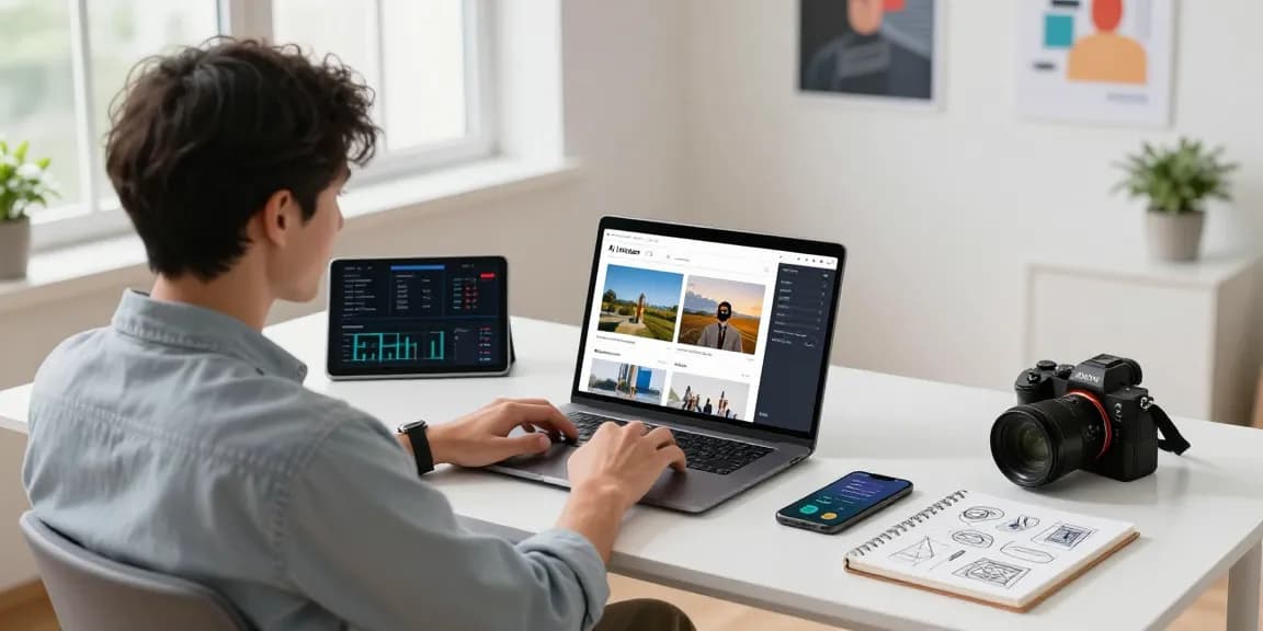 User engaged with an AI detector at a modern workspace surrounded by tech tools and bright natural light.