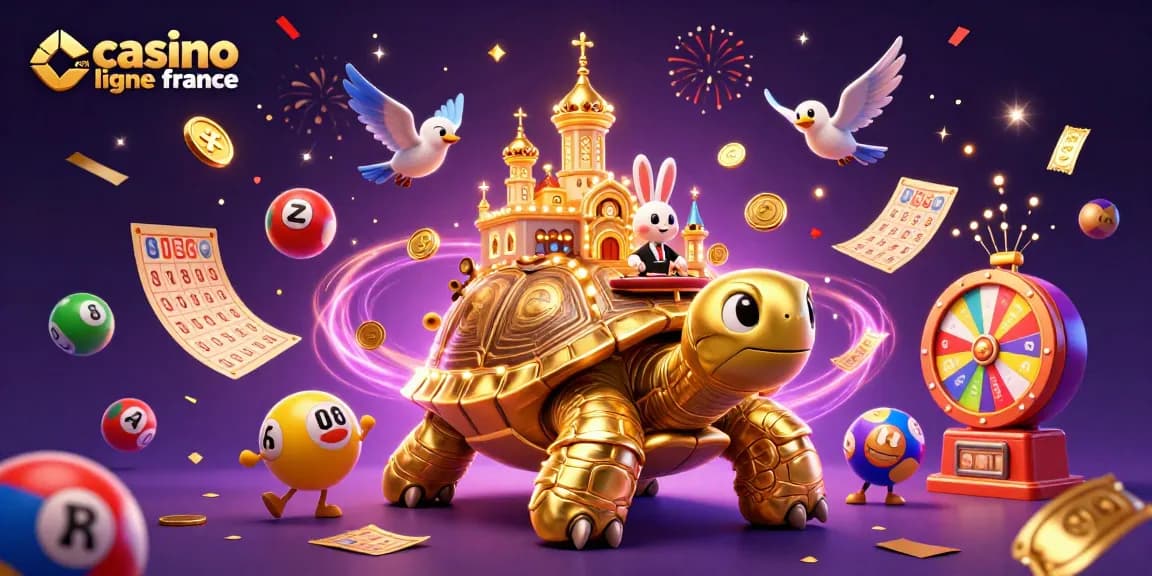 Découvrez le casino en ligne France avec une tortue en or et un croupier sur son dos. Jouez et gagnez des pièces d'or!