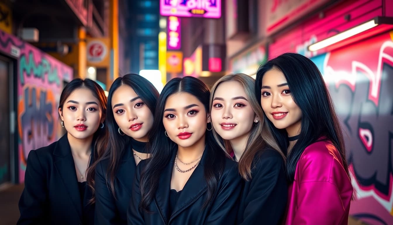 Engaging portrait of blackpink members, capturing their unique styles and vibrant interactions.
