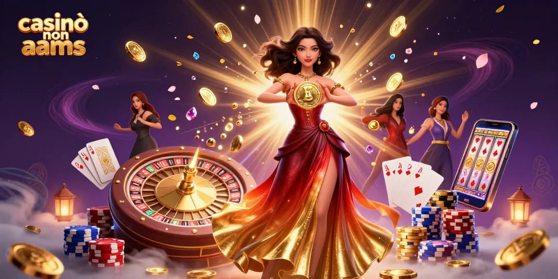 Vivi un'emozionante esperienza di gioco nei casinò non AAMS con una scena scintillante di monete, carte e una bellissima donna.