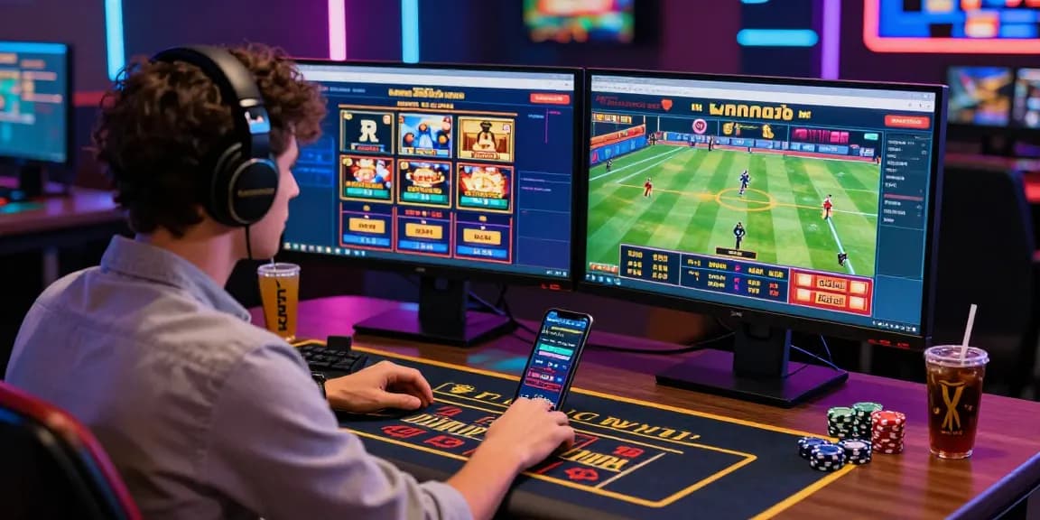 Exciting gaming setup showcasing link alternatif raja328 with vibrant online betting games, modern desk and energy drinks.