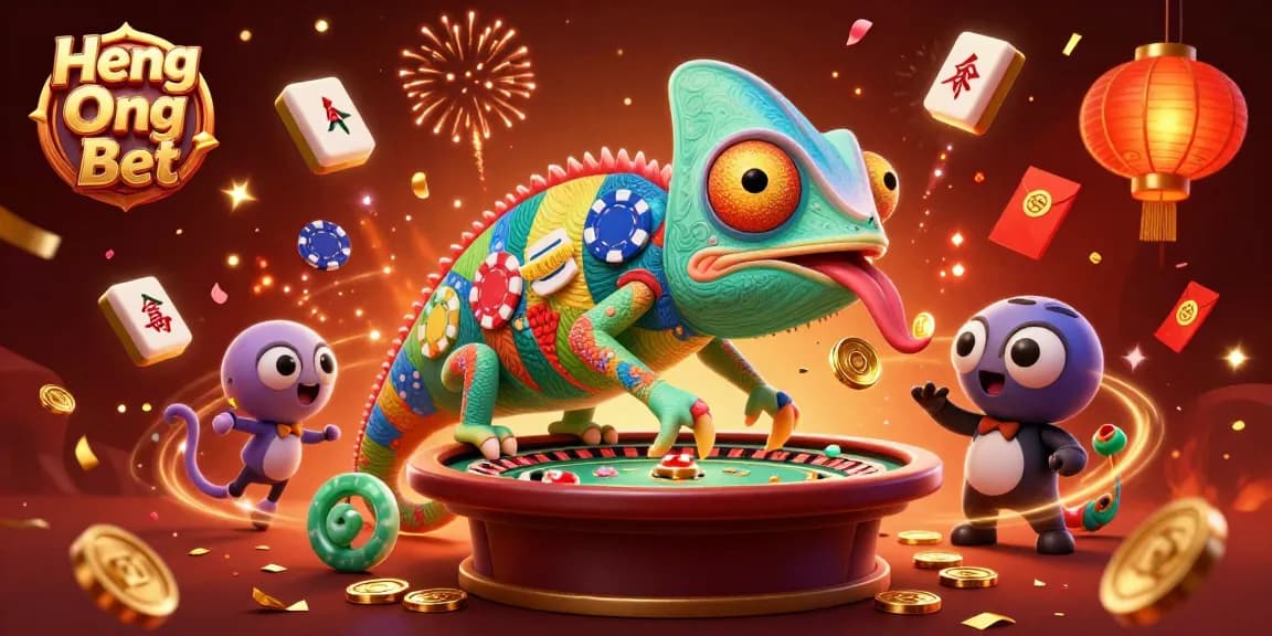 Engage in thrilling gameplay at Heng Ong Bet with a vibrant chameleon casino owner and festive elements