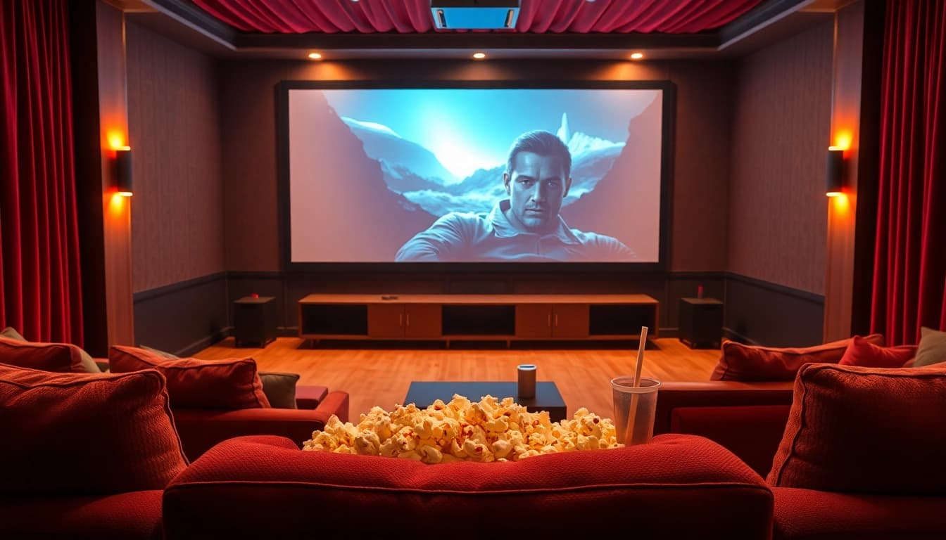 ดูหนัง ในโรงภาพยนตร์ที่เสน่ห์ โดยมีโซฟาสบายและแสงอบอุ่น