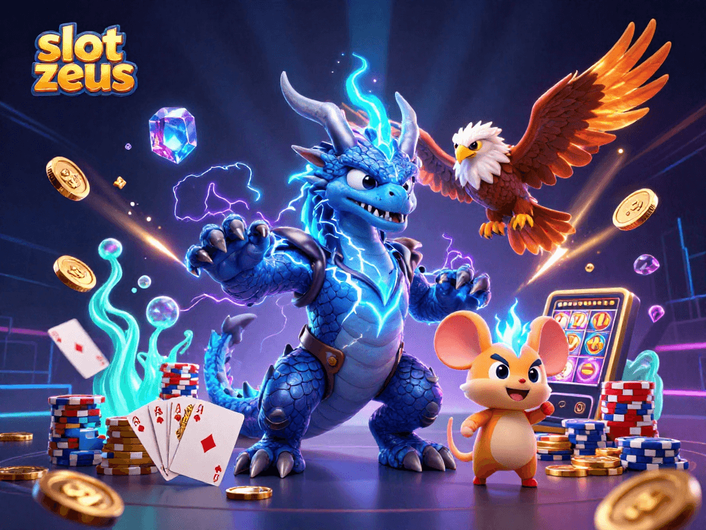 Spin the reels of slot zeus with thrilling dragon and thunder mouse while surrounded by coins and glowing gems.
