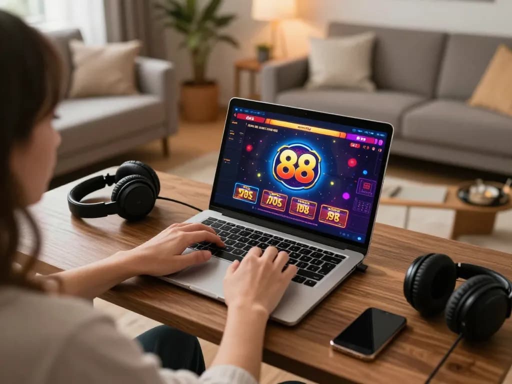 Engaging online gaming activity on w 88 platform with a laptop setup, warm inviting home atmosphere.