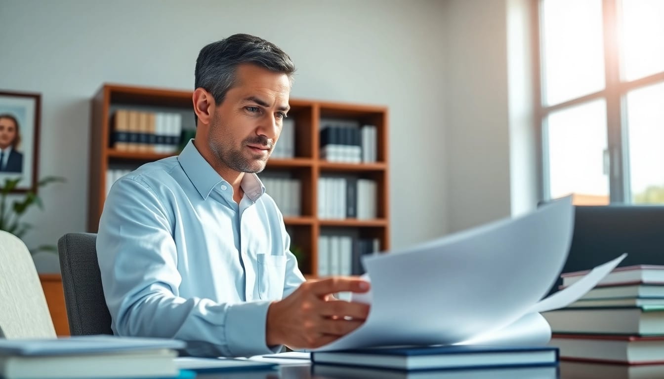 Truck accident attorney Clearwater reviewing case documents in a bright office.