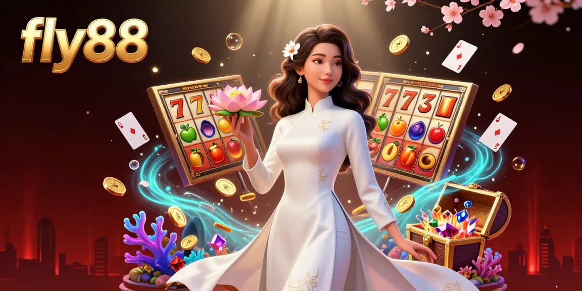 Experience thrilling wins at fly88 with vivid 3D scenes showcasing slot games and elegant designs in a casino atmosphere.