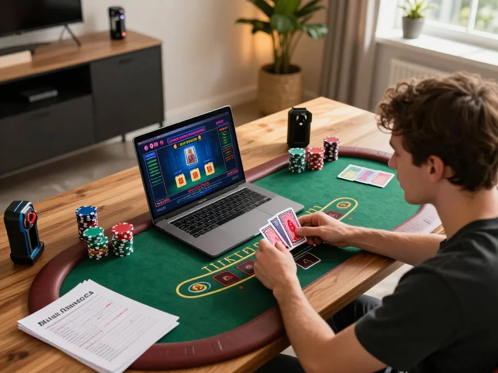Player engaging in situs gacor blackjack game on laptop, showcasing strategic play in cozy home setup.