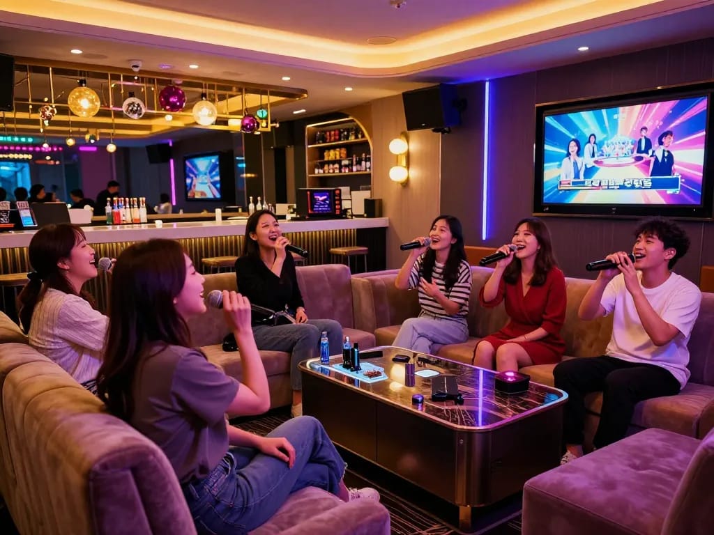 친구들과 함께 강남달토 노래방에서 즐거운 밤을 보내며, 활기찬 분위기와 프리미엄 사운드를 경험하는 모습.