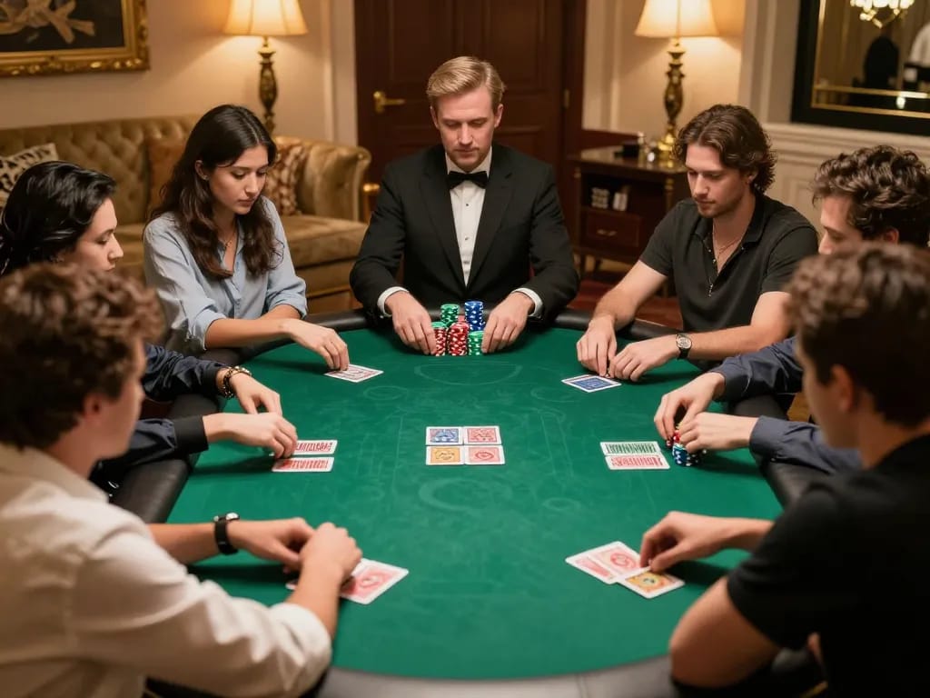 Players engage in strategic poker gameplay at f168 casino table, showcasing excitement and competition.