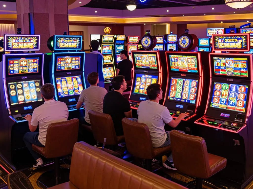 Players celebrating wins at colorful slot machines in a vibrant casino atmosphere