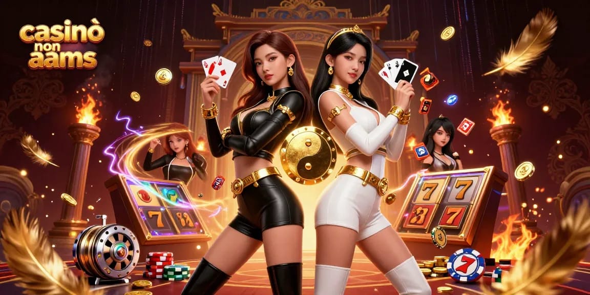 Casinò non aams con croupier gemelli che coinvolgono i giocatori in una scena di casinò dinamica piena di giochi ed energia.