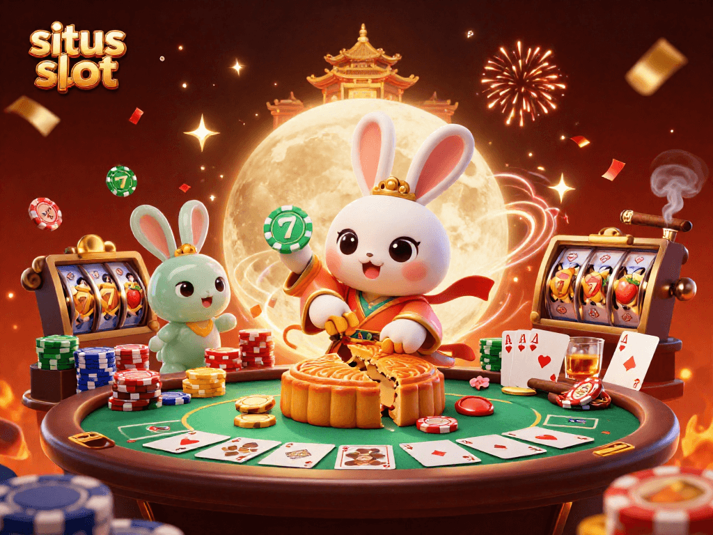 Temukan situs slot dengan ilustrasi ceria tentang kelinci bulan dan simbol judi di latar belakang bulan.