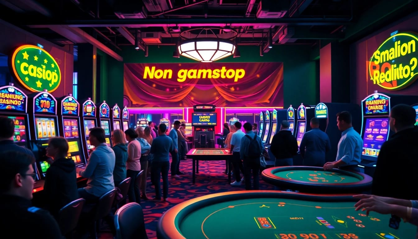 Exciting lively scene in a Non gamstop Casino Uk featuring players at gaming tables and vibrant lighting.
