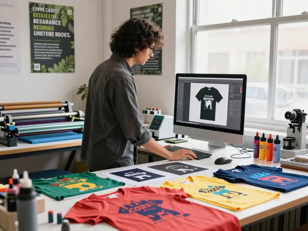 Custom t-shirt printing in an urban studio with vibrant fabrics and design tools.