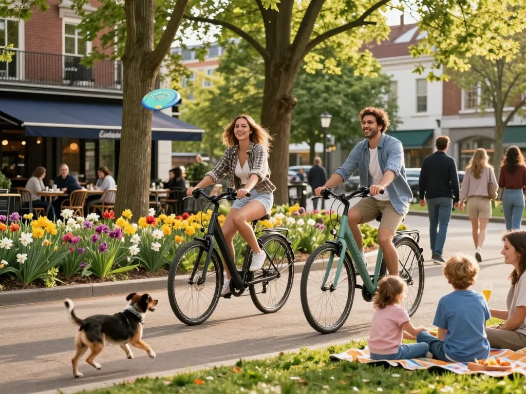 Couple riding Doppio Bike 2x in a lively city park, enjoying outdoor fun.