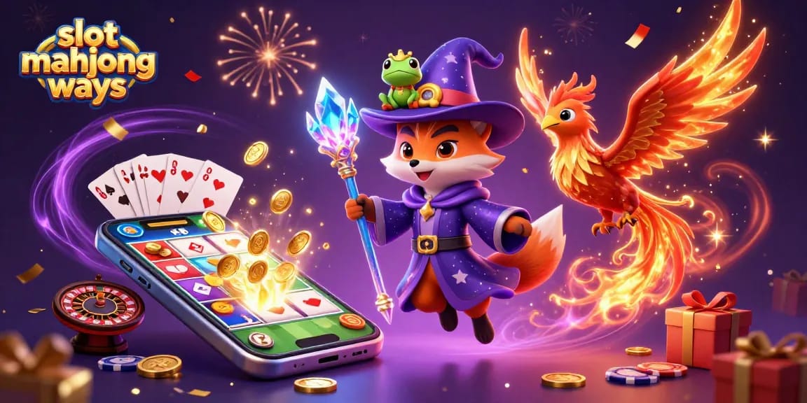 Experience the thrill of slot mahjong ways with vibrant 3D illustration of magical characters and vibrant casino elements.