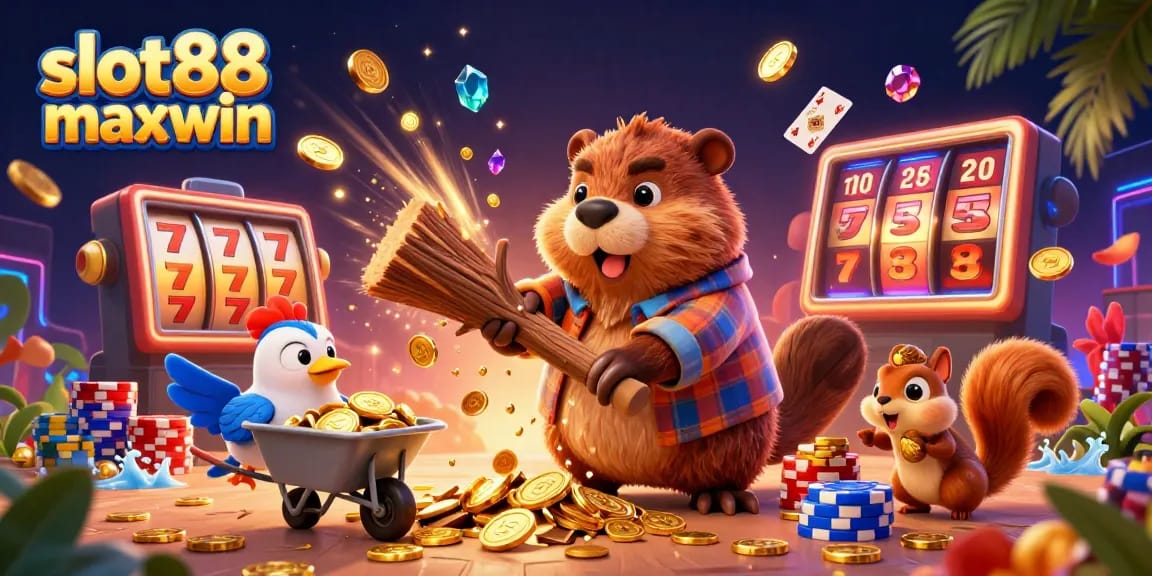 Putar dan menang dengan slot88 maxwin: ilustrasi yang menampilkan koin berwarna-warni dan kegembiraan jackpot dalam suasana kasino yang hidup.