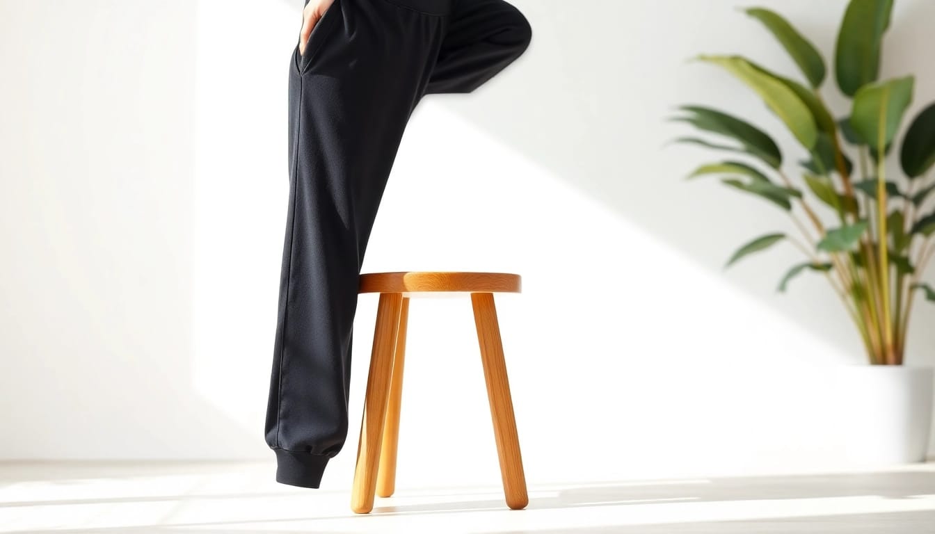 Model showcasing black baggy sweatpants in a natural setting, emphasizing style and comfort.