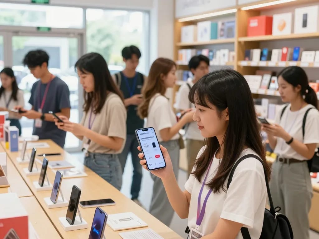 Shoppers exploring the latest products at a vibrant retail store, featuring discounts from https://hubet88.icu/