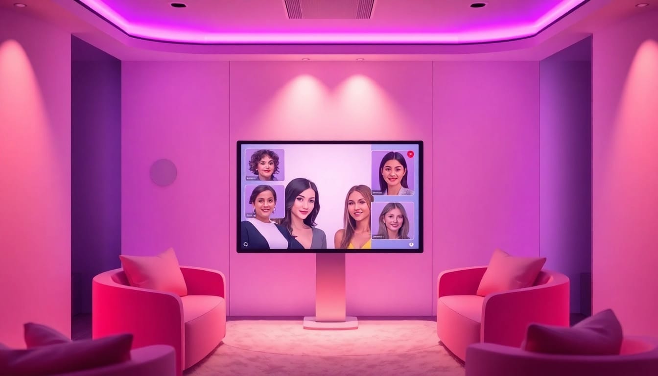 Engaging AI sex chat interaction featuring diverse avatars in a warm, intimate virtual space.