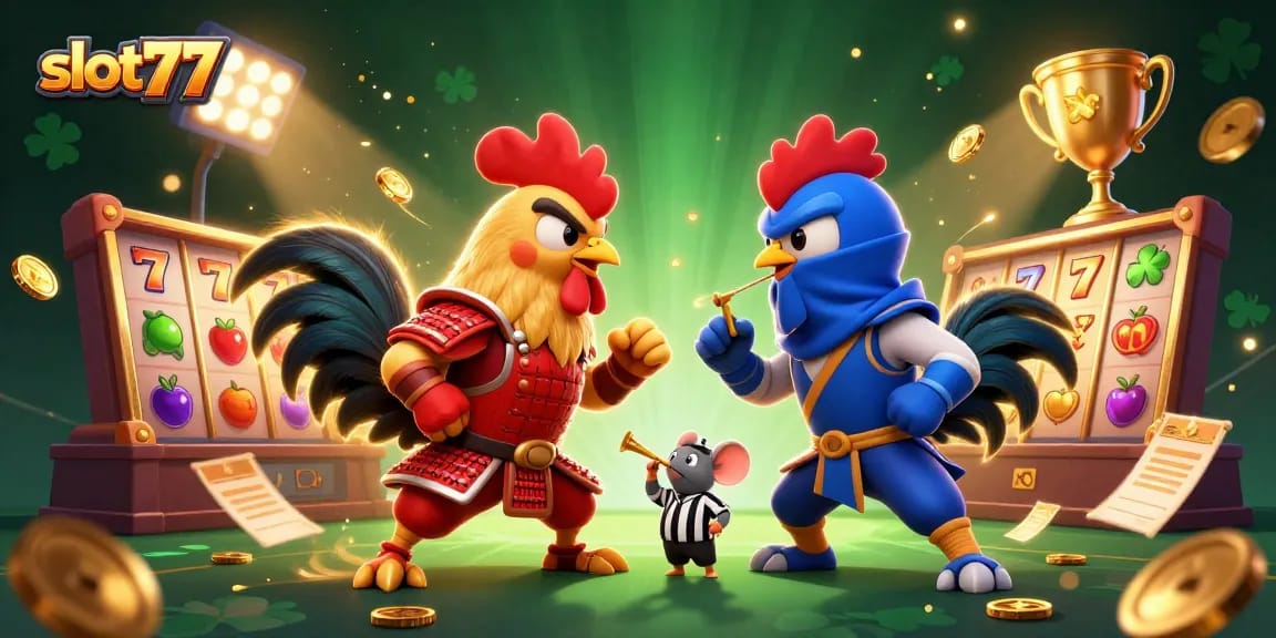 Experience thrilling gameplay with slot777 as animated roosters duel amidst vibrant slot elements.