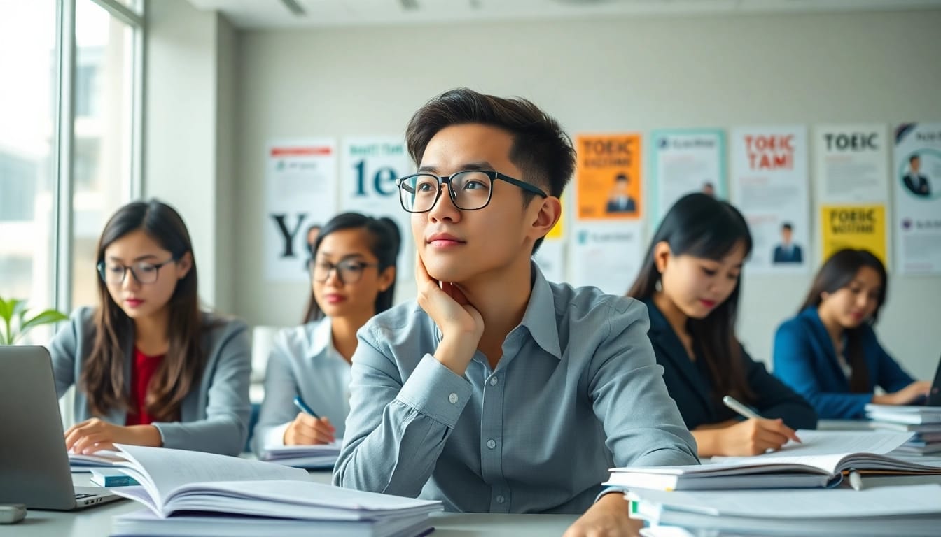 Focused TOEIC test takers for hire studying in a bright, professional office environment.