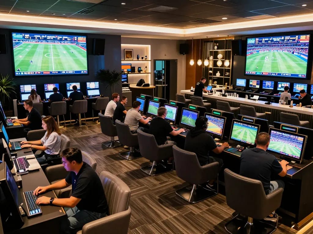 Dynamic scene of bettors engaging with the cm88 bookmaker in a modern sports betting lounge