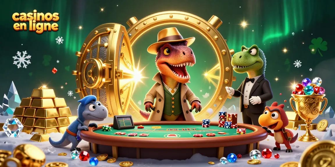 Visitez les casinos en ligne avec un velociraptor et un boss stégosaure autour d'une table de blackjack.
