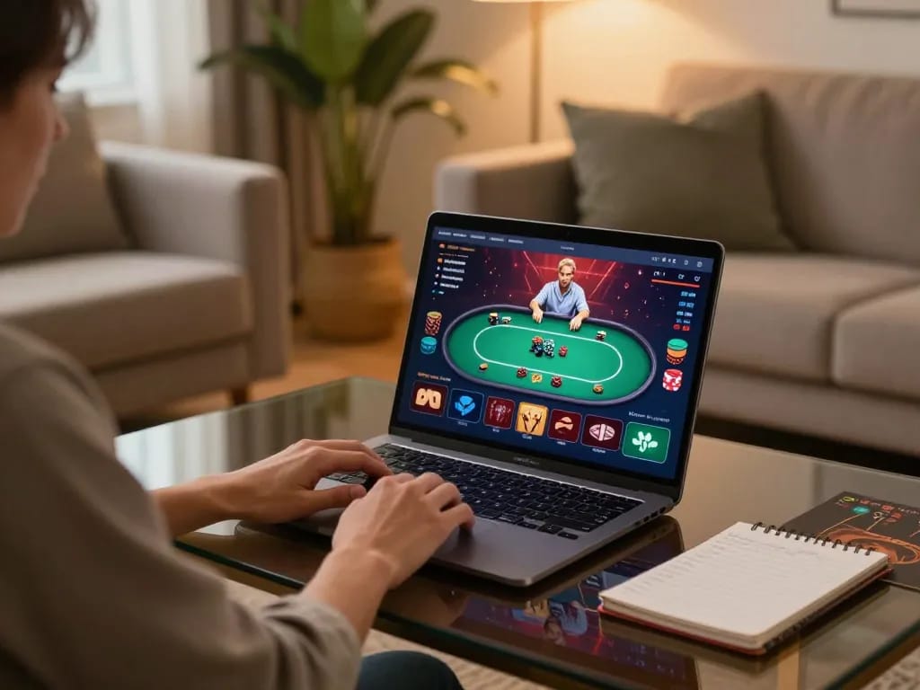 Engaging hb88 online gaming experience on a laptop in a cozy living room, showcasing strategic gameplay.