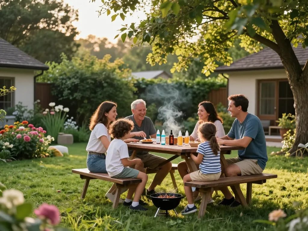 Family enjoying a barbecue outdoors with mosquito repellent nearby for protection.