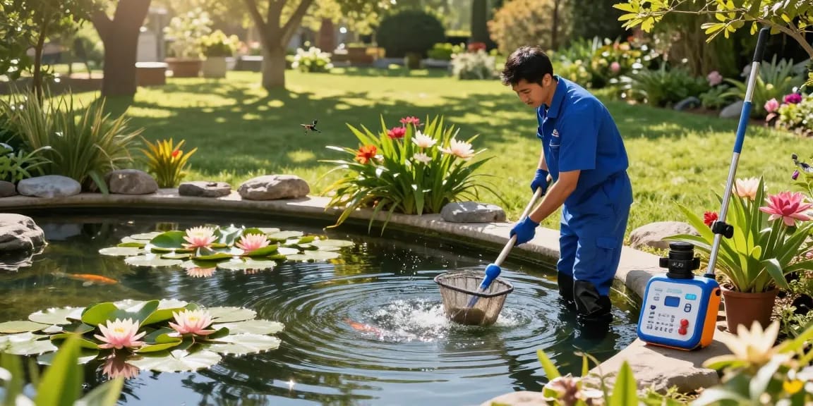 Pond Cleaning Kent expert cleaning a koi pond surrounded by vibrant flora, showcasing professional pond care.