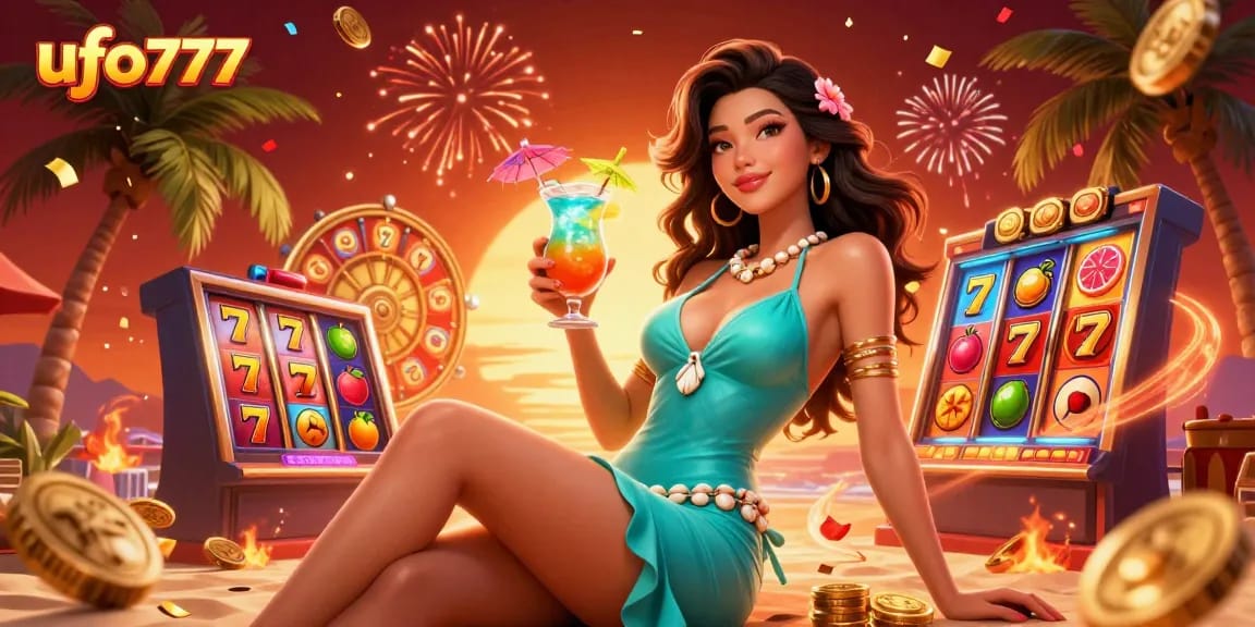 Play thrilling games at ufo777, featuring a glamorous casino scene with vibrant slot reels and jackpot elements.
