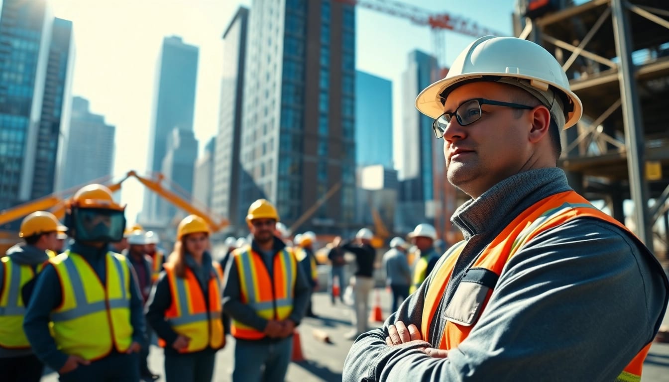 New York Construction Manager coordinating a construction project amidst a vibrant urban setting.