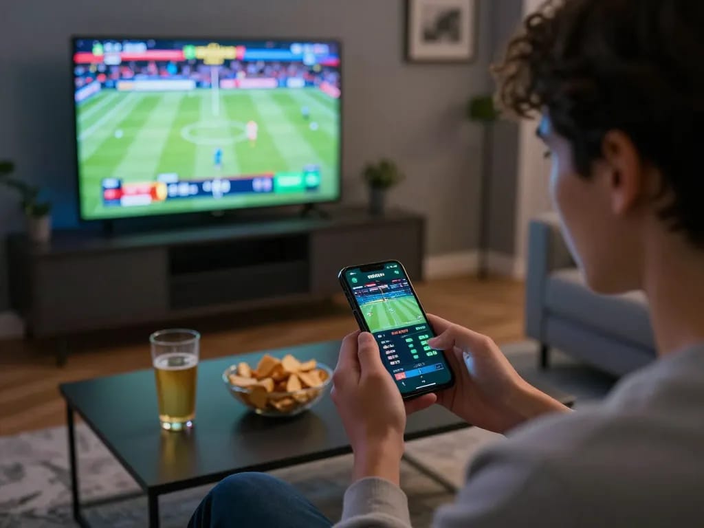 Engaging with tr88 bookmaker app for live sports betting in a cozy home setting.