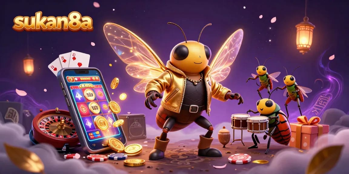 Experience big wins with sukan8a's vibrant 3D gambling scene featuring a rock star and slot games.