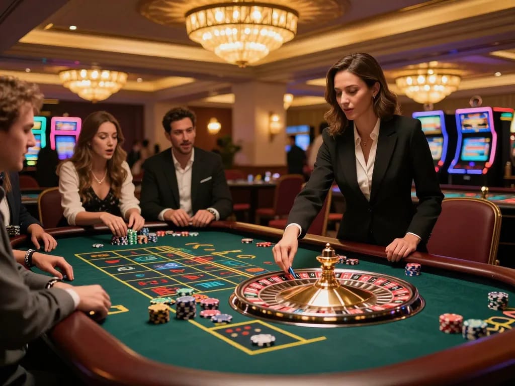 Players placing bets at the roulette table in 123b casino, vibrant atmosphere.