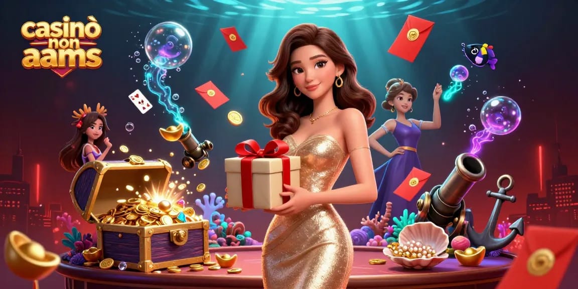 Scopri l'emozione ai casinò non AAMS con una scena festiva a tema casino piena di tesori e giochi.