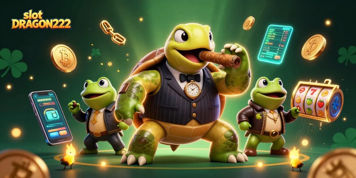 Play exciting slot DRAGON222 games featuring a cartoon turtle and bullfrogs amidst vibrant casino elements.