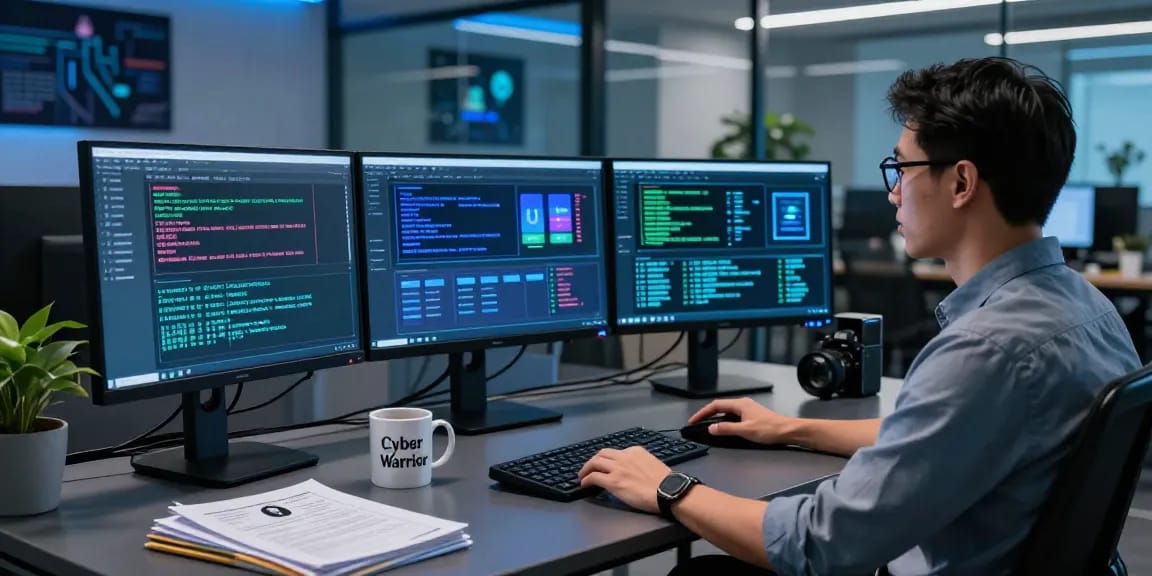 Cybersecurity analyst at shs-dome5.com focused on vital security logs in a modern office.