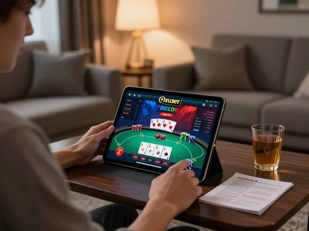 Engaging home gaming scene with kubet poker interface displayed on tablet in cozy living room setting.