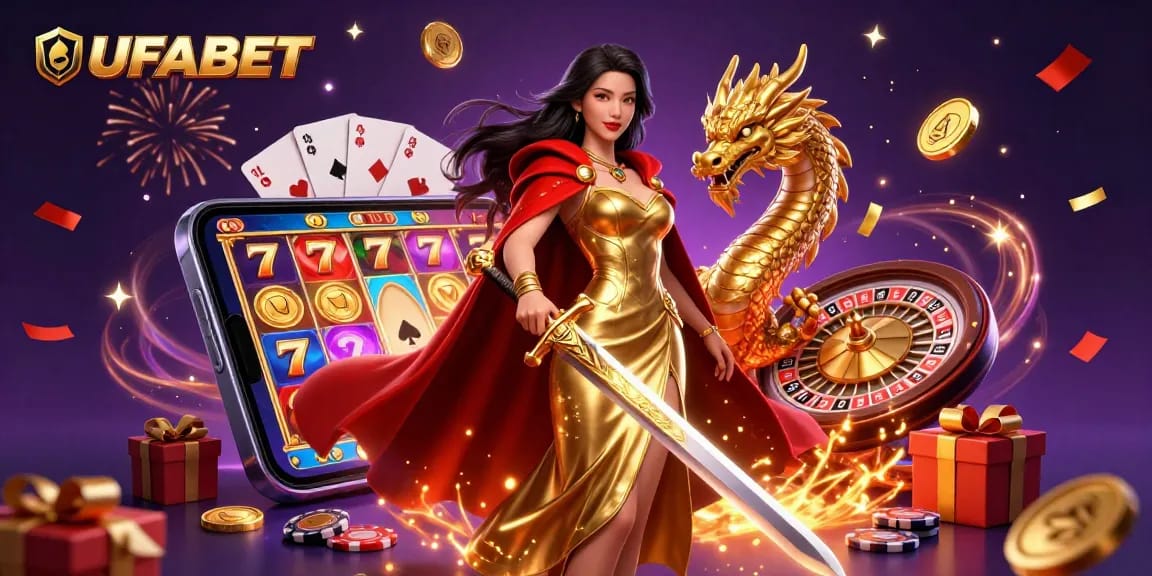 Experience the excitement of UFABET with a vibrant 3D illustration showcasing a warrior queen and engaging casino elements.