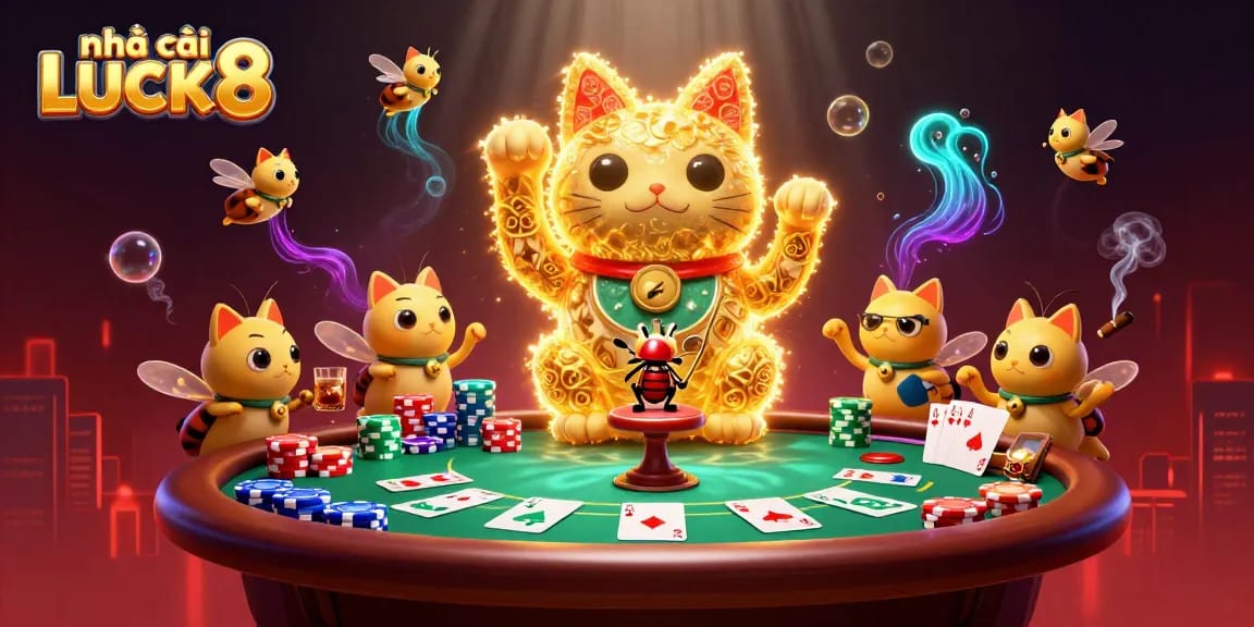 Experience the vibrant world of nhà cái LUCK8 as a lucky cat waves casino symbols in this 3D illustration.
