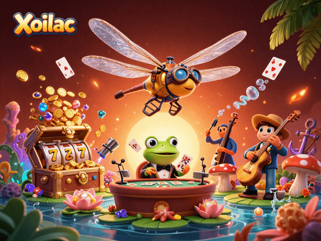 Xoilac showcases a vibrant casino scene featuring a dragonfly pilot and frog croupier in a lily pad casino atmosphere.