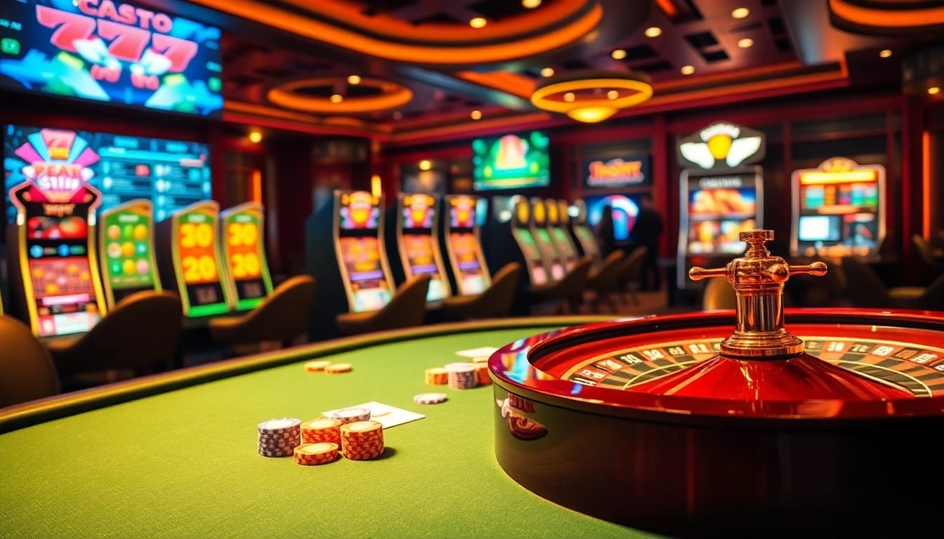 Découvrez l'excitation du casino en ligne français avec des jetons de poker et des tables de jeu vibrantes.