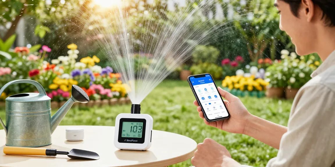 Homeowner using a rainpoint sprinkler timer in a colorful garden to automate watering efficiently.