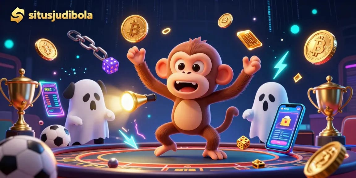 Experience situsjudibola betting excitement with a ghost-hunter puppy tracking a playful monkey in a dynamic casino scene.