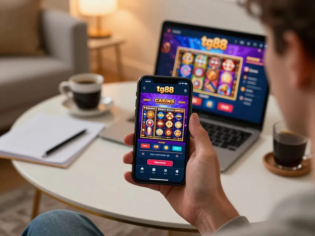 Player enjoying tg88 online casino gaming on smartphone, showcasing dynamic interface and responsible gaming atmosphere