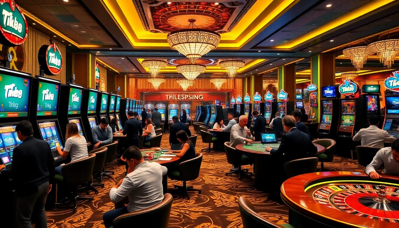 Người chơi tham gia các trò chơi hấp dẫn tại casino tik88, thể hiện sự phấn khích và sang trọng.